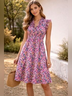 Caballero Colorful Floral Ruffle Neck Cotton Sleeveless Dress Small